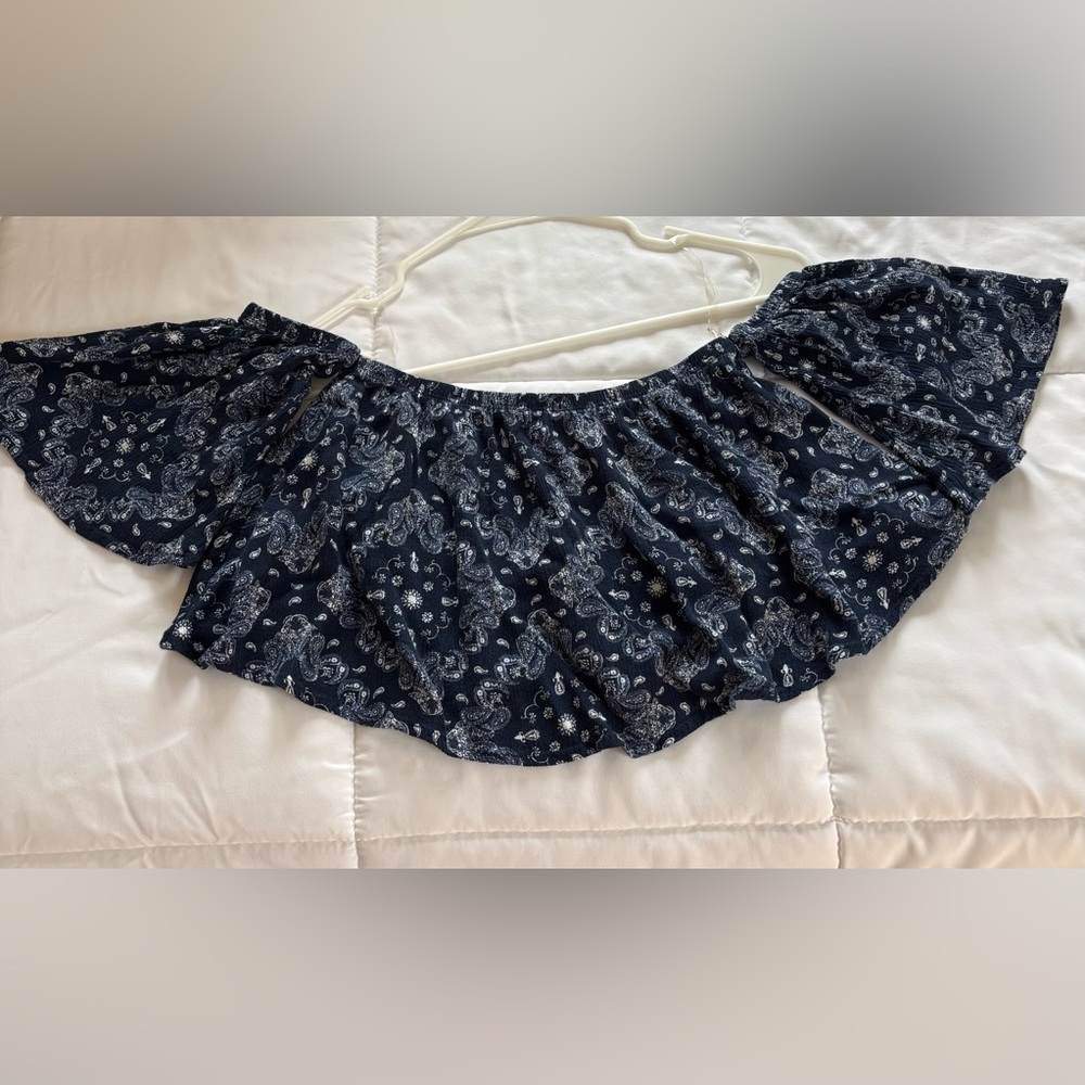 Navy Blue Paisley Off-Shoulder Crop Top